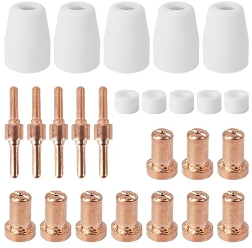 25 pièces Accessoires pour Machines de Découpe Plasma, Buse de Découpe Plasma à Air Etendu PT31, Consommables D'électrode, Anneau en Céramique, Bougie de Combustion, pour CUT-40 CUT-50D CT-312 (Blanc)