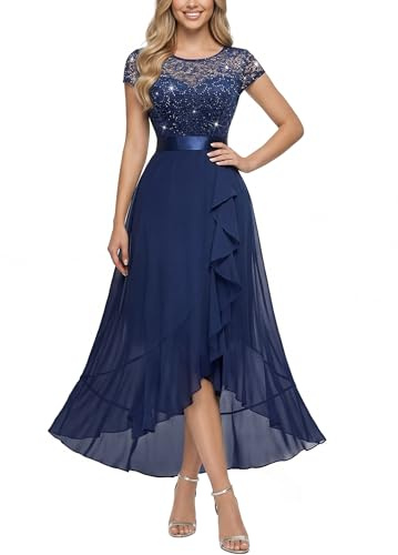 MIUSOL Women's Elegant Floral Lace Ruffle Evening Formal Wedding Guest Party Maxi Dress (XX-Large, Sequin Version - Navy Blue)