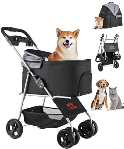 VEVOR Pet Stroller, 35 lbs Weight Capacity, Foldable Dog Stroller Cart, 4 Wheels Cats Pram with Detachable Carrier & Mesh Windows, Portable Animal Carrier with Brake for Small to Medium Pets