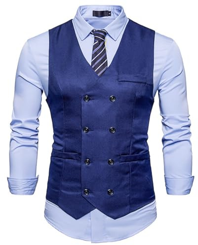 Miaikvs Men's Double Breasted Waistcoat V-Neck Slim Fit Suit Vest For Formal Wedding Business Party or Daily Vest (M31 Navy,M)
