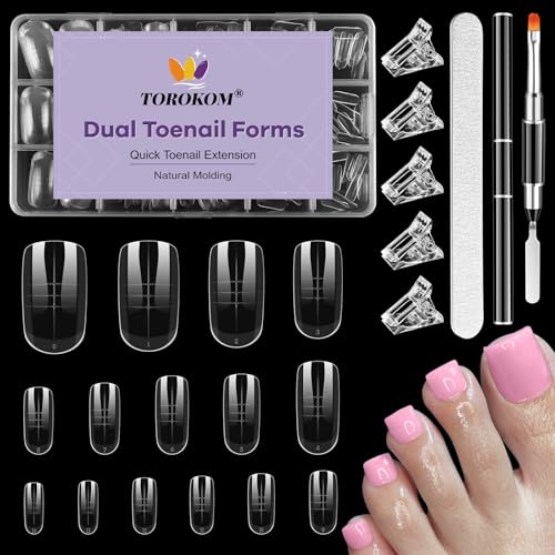 TOROKOM 150 Forme per Ricostruzione Unghie dei Piedi in Poly Gel - 15 Misure Forme Doppie Ovali/Quadrate per Ricostruzione Polygel - Kit Riutilizzabile con Pennello e Lima