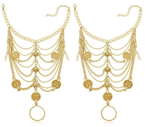 1 Pair Carved Coin Anklet Gold Tassel Barefoot Sangals Foot Chain for Women Bohemian Ethnic Tribal Punk Layered Adjustable Ankle with Toe Ring Exaggerated Chunky Statement Jewelry