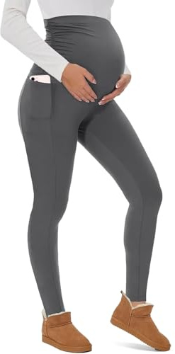 Yutdeng Kvinnor Plysch Moderskap Leggings med Fickor Hög Midja Magstöd Moderskap Fleece Ogenomskinlig Vinter Fleece Graviditetsleggings Mjuk Varm, Grå, S