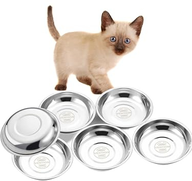 VENTION Small Shallow Cat Food Bowls, Outer Dia. 4.9 in Whisker Fatigue Cat Bowl, Stainless Steel Cat Food Dish for Indoor Cats, Set of 6 Replacement Cat Bowls for Raised Station(7.4 Fl.oz)