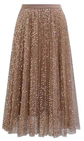 CHICWISH Women Gilded Glow Sequin Embellished Print Tulle Tutu Skirt A-line Elastic Waist Mesh Double-Layered Midi Skirt Gold