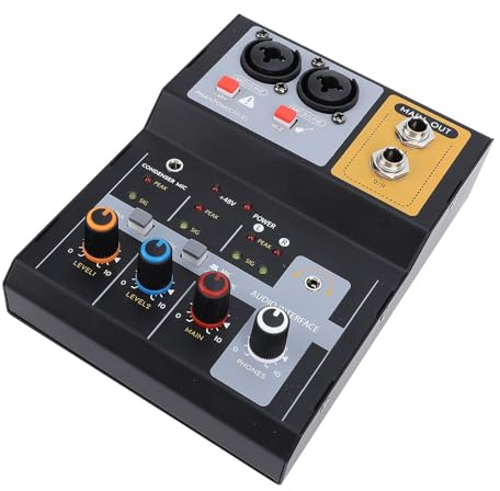 Eujgoov 2-kanals Ljudkortskonsol Mixerkonsol, Metal Body DJ-mixer med USB för PC Live Broadcasting Karaoke, Professionell Ljudmixer med 3-bands EQ och LED Peak Indicator