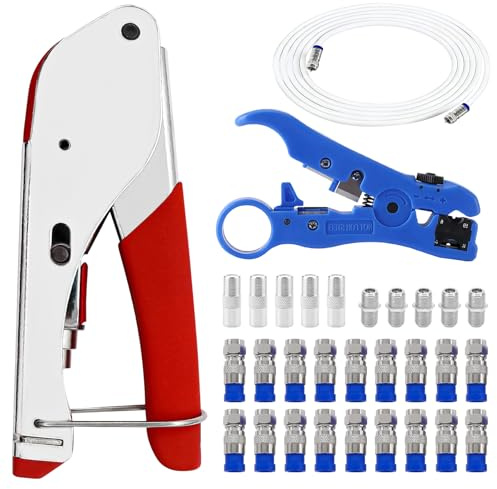 Ensemble de pinces à sertir - Outil de dénudage pour câble coaxial - Avec 20 fiches F - Connecteurs de câble satellite - 2 m - Pour câble satellite RG59/RG6 - Kit d'accessoires de raccordement TV