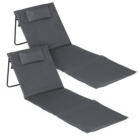 Spetebo Set med 2 hopfällbara strandmattor med justerbart ryggstöd - Grå - 145 x 48 cm - Med kudde - Solstol för trädgård, strand, sol, trädgård, camping, picknick, resa, semester