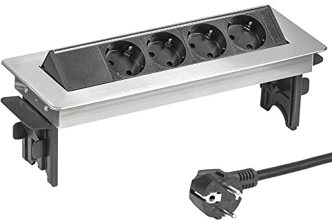 Elbe Inno Versenkbare Tischsteckdose für die Arbeitsplatte (4 Steckdosen), Mehrfachsteckdose mit Halbautomatischer Deckel, für Küche und Büro, Einbausteckdose aus Aluminium in schwarz-grau Optik