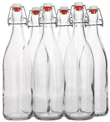 Yanghao Claro tirón de Cristal Superior de la Botella de 1 litro - Oscilación Botella Superior Brewing con tapón de Bebidas, Aceite, vinagre, Agua - Tapa hermética a Prueba de Fugas y Cap [Pack de 6]