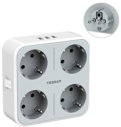 TESSAN Ladron Enchufes Plano USB, Enchufe Multiple 4 Schuko con 3 USB, Cargador Multiple 4000W, 7 en 1 Ladron con Interruptor, Regleta Pared para Oficina, Cocina, Gris