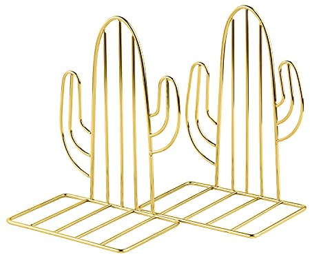 Sujetalibros Extremos de Metal para Estantes Soporte Geométrico para Libros Pesados Soporte Decorativo para Libros de Cactus Tapones de Libro para Oficina(Oro, 1 pares)