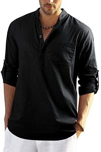 Enlision Schwarz Leinenhemd Herren Hemd Langarm Sommerhemd Herren Regular Fit Freizeithemd mit Brusttasche Henley Shirt 2XL