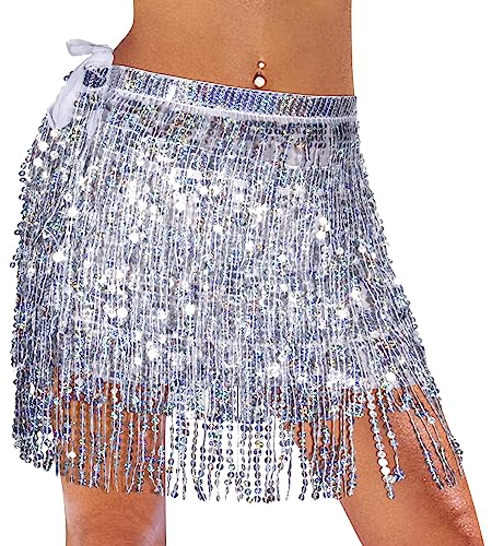 Monbessi Glitzer Rock Damen Pailletten Rock Stilvoll Glitzer Rock Karneval Fransen Rock (Silber)
