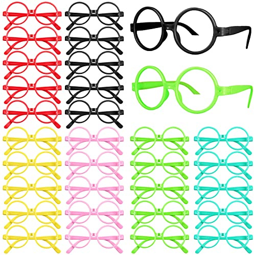Flutesan 30 Pcs Kids Play Glasses Bulk Fake Glasses for Kids Colorful Wizard Round Frame No Lenses for Toddlers Birthday Costume Party