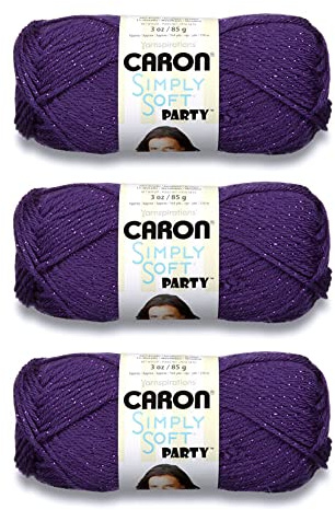 Caron Simply Soft Party Lot de 3 paquets de 85 g de fil à tricoter et crochet Violet pailleté 4 Medium (peigné) 140 m