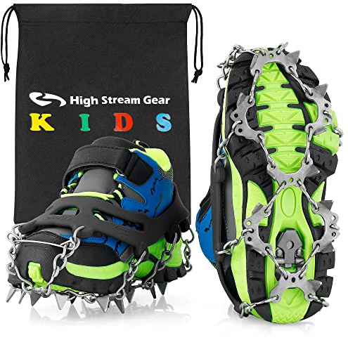 High Stream Gear Kids Ice Cleats - Snow Crampons for Hiking Boots & Shoes with 14 Stainless Steel Spikes