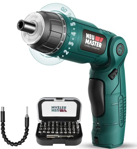 NEU MASTER Electric Screwdriver, 2000mAh Cordless Screwdriver with Pivoting Handle, 6+1 Torque Setting,30pcs Bits,LED Light,Ideal for Home Office DIY Project