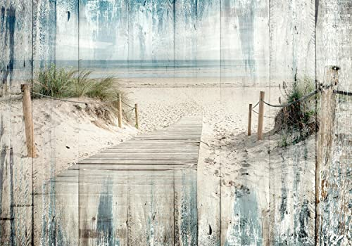decomonkey Fototapete selbstklebend Strand Holzoptik 294x210 cm Selbstklebende Tapeten Wand Fototapeten Tapete Wandtapete klebend Klebefolie Meer Dünen Natur Landschaft Büro Flur Blau Beige