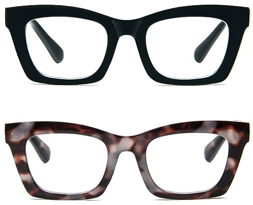 Kodilin 2 Pacco Occhiali da Lettura Vintage Oversize Square Frame Grande Retrò Quadrati Rettangolar Anti Luce Blu per Donna Cerniera a molla Nero+Tartaruga 1.0