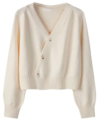 Cardigan da donna con bottoni obliqui con scollo a V maglione a maniche lunghe maglione sciolto in cashmere solido lavorato a maglia, Beige, Taglia unica
