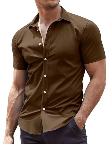 COOFANDY Mens Short Sleeved Shirts Formal Dress Shirts Stretch Muscle Fit Shirt Business Casual Shirt Iron Fre Button Down Tops Work Office Brown XL