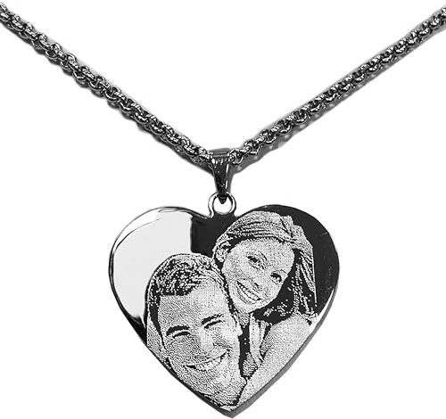 Collana Cuore con Foto Incisa | Ciondolo Acciaio Personalizzato con Fotoincisione | Catenina e Medaglia | Regalo personalizzato San Valentino