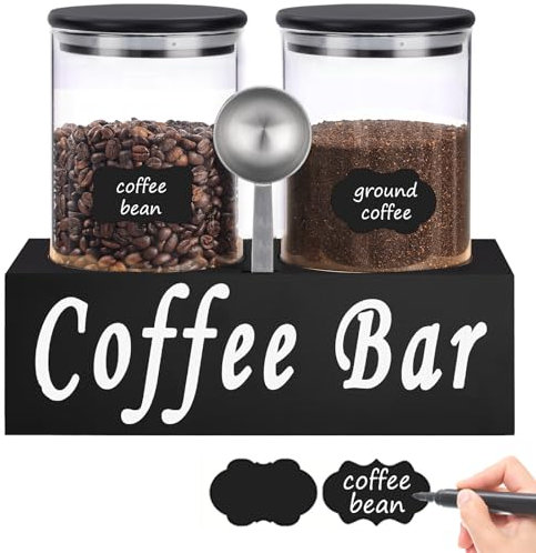 ZOMUIA Rustic Modern Black 2PCS Small 44oz Coffee Storage Jars with Shelf, 2Pcs 1.295L Airtight Glass Coffee Containers, Coffee Canisters, Food Storage Jars