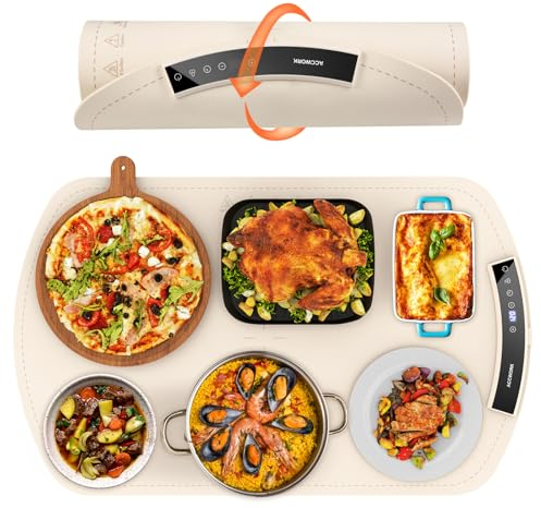 Accwork Chauffe Plat Électrique avec Température Réglable 40°C - 120°C et Minuteur de 6 Options, Plaque Chauffante pour Fêtes et Buffets - Chauffage Rapide et Stockage Enroulable