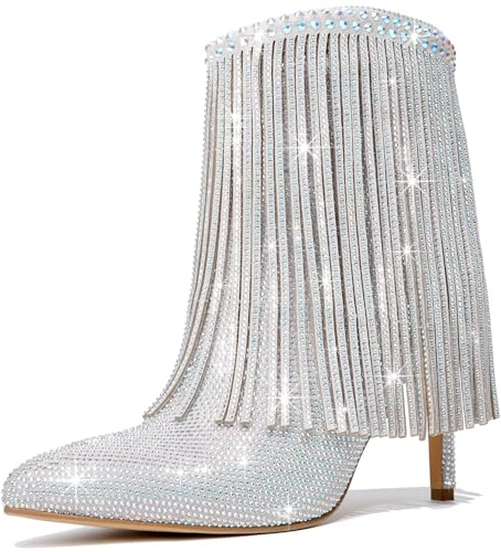 RONILURN Women's Glitter Rhinestone Ankle Boots Sparkly Fringe Pointed Toe Booties Side Zipper Fashion Party Dressy Stiletto High Heel Boots for Women