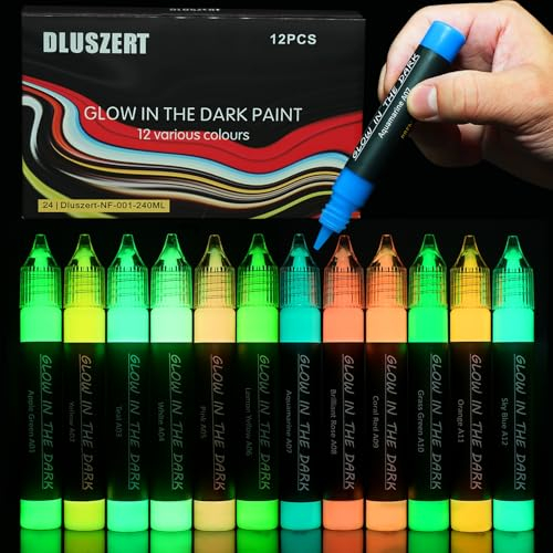 Dluszert Nachtleuchtende Acrylfarben 12×20ml, Glow in The Dark Farbe, 3D Wasserfest Textilfarbe Farbe, Leuchtende Stofffarben, Fluoreszierende Farben für Halloween, Weihnachten, Malerei, DIY