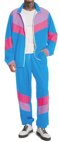 UOUA 80s Outfit for Men 90s Tracksuit Costume for Halloween 70s Windbreaker Jacket Track Suit 2 Piece Hip Hop Set Blue XL
