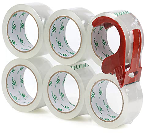 BOMEI PACK Lot de 6 rouleaux de ruban adhésif d'emballage avec dérouleur en plastique, 48 mm x 66 m, transparent