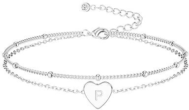 JeweBella Dubbelt lager initial bokstav armband för kvinnor flickor silver/guld armband för kvinnor hjärta koppararmband bokstavspärlor personligt initialt armband smycken present till kvinnor