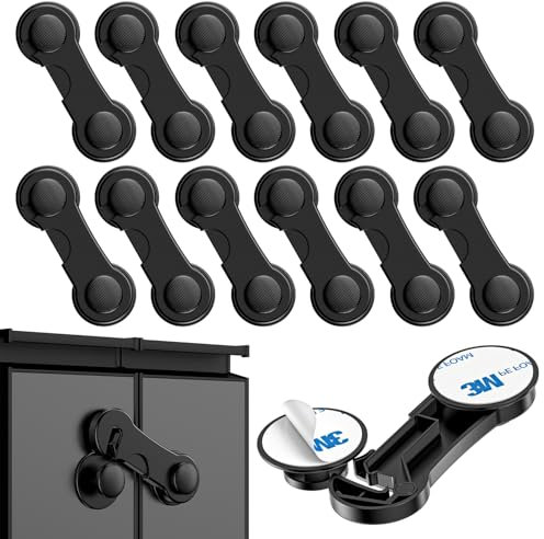 Kimsky 12 Stück Kindersicherung Schrank, Schwarz Kindersicherung Schubladen für Babys und Kleinkinder, Schubladensicherung für Möbel, Küche, Schranksicherung Baby Mit Kleber, kein Bohren