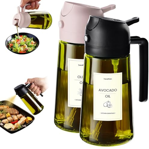 TrendPlain Oljesprayflaska för Airfryer 470ml, 2-i-1 Oliedispenser, Oljespray för Kök, Sallad och Vinäger, BPA-fri Kökstillbehör (Två stycken, Svart/kvarts - 1)