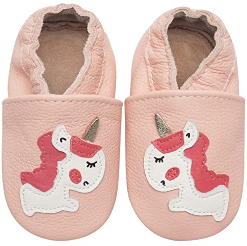 IceUnicorn Scarpine primi passi per bambini, unisex, in morbida pelle, antiscivolo, Unicorno rosa chiaro, 6-12 maanden
