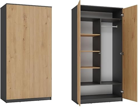 BDW Armadio a 2 ante, 6 ripiani, appendiabiti multiuso, cassettiera, armadio per camera da letto, soggiorno, 180 x 90 x 50 cm, colore: antracite/rovere artisano