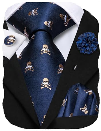 Hi-Tie Mens Navy Blue Tie Set Silk Skull-shaped Necktie with Lapel Pin Pocket Square Cufflinks Set for Wedding Party