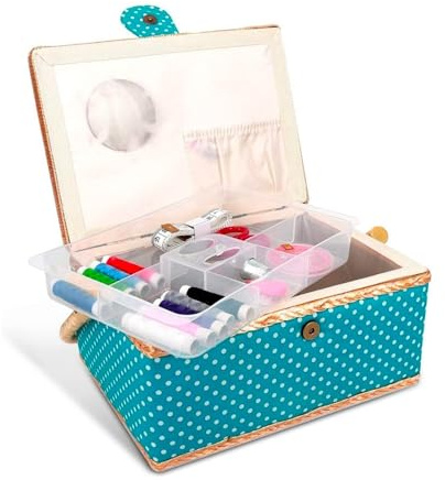 Wintem Kit de costura para casa y de viaje, 76 accesorios, bandeja con compartimentos organizados, cierre magnético, juego de costura completo con cesta de lunares