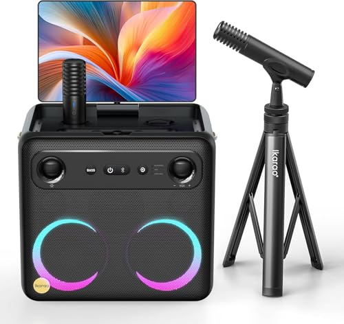 Máquina de Karaoke Ikarao con Soporte para Micrófono, Altavoz Bluetooth Portátil para Fiesta, Patio Trasero, Sistema de Karaoke con 2 Micrófonos Inalámbricos para Adultos y Niños, para Mujeres