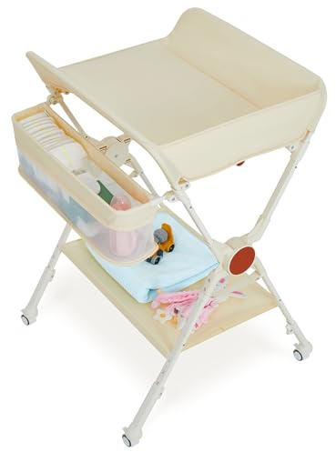 Virimolo - Mesa cambiador para bebé, 69 x 68,8 x 107 cm, con cinturón de seguridad, cuatro ruedas con frenos y una cesta lateral, para recién nacidos, color beige