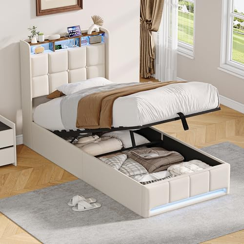 KOOPMAD Bagagebädd 90 x 200 med LED- och USB-belysning, barnsäng 90 x 200 med hydraulisk förvaring, enkelsäng med ribbotten, sänggavel med förvaring, linne, beige (utan madrasser)