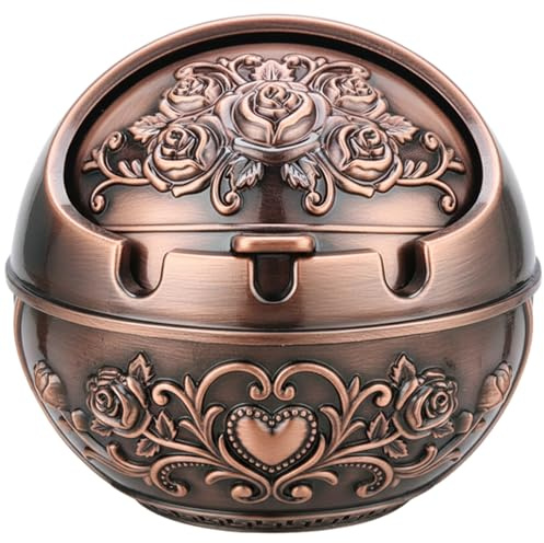 Outdoor Ashtray, Red Copper Metal Ashtray With Lid, Indoor Outdoor Storm For Balcony & Living Room - Vintage Rose, Boxed