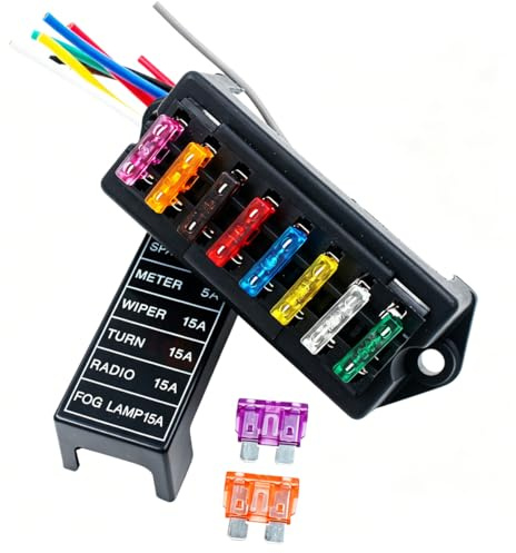 Gebildet 32V 40A 8 Vie Scatola Portafusibili Standard con Filo, 6.3mm Portafusibile a Lama, 2 Ingresso 8 Esportazione, Blocco con 10pcs Fusibili Lama Liberi, per Trike Marine Barca Auto