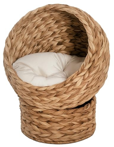 PawHut Wicker Cat House, Raised Cat Bed with Cylindrical Base, Soft Washable Cushion, Woven Water Hyacinth Cat Basket for Indoor and Outdoor, 40 x 37 x 51 cm - Brown