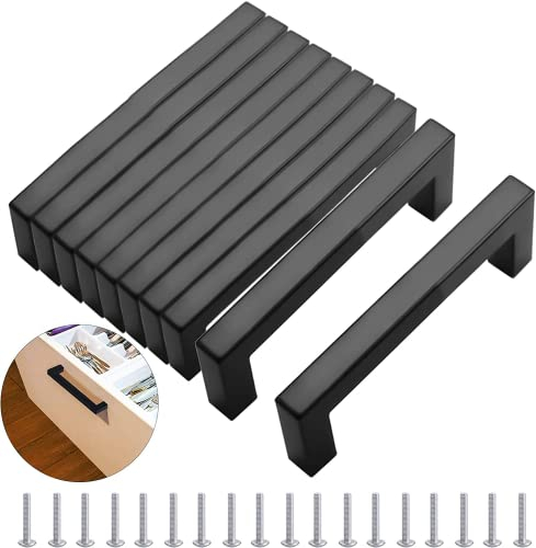 10 Stück Möbelgriffe Schwarz, 352 MM Modisch Edelstahl Quadrat Griffe, Schrankgriffe, mit 40 Schrauben, Mehrweg, für Küchen, Schubladen, Schrank, Möbel