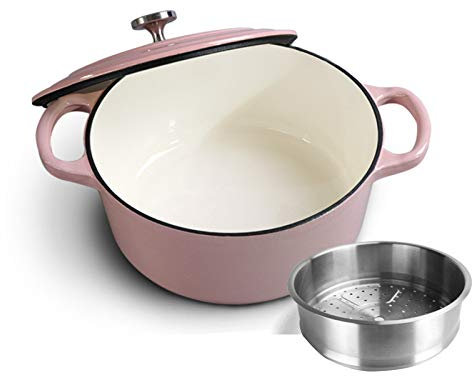 SHALOLY with Lid 24cm Round Casserole Dish,Multi-Functional Enamel Cast Iron Cookware,Non-Stick Cooking Pan Pot for Steam Braise Bake Broil Saute Simmer Roast,Pink (Pink)