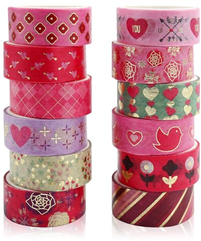 12 Rolls Valentine's Day Washi Tape Set,Pink Decorative Masking Tapes,Gold Foil Heart Rose Lovers Printed Sticker Adhesive Tape for Arts Craft Tape DIY Scrapbooking Planners Gift Wrapping Decorations