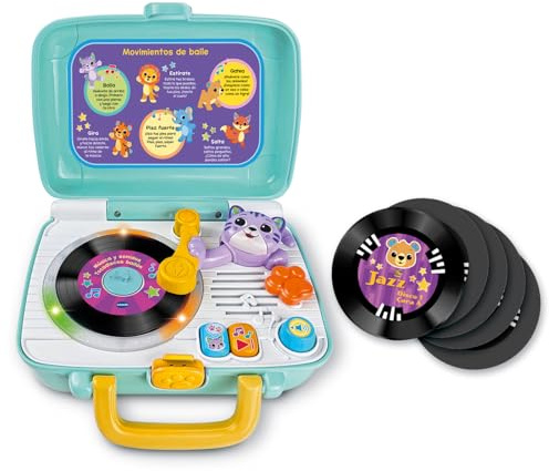 VTech-Baby Música y Sonidos Tocadiscos bailón, Reproductor Infantil Interactivo, 5 Discos Doble Cara con Animalitos, Frases y Canciones, Enseña Estilos Musicales, Maletín portátil, Versión ESP
